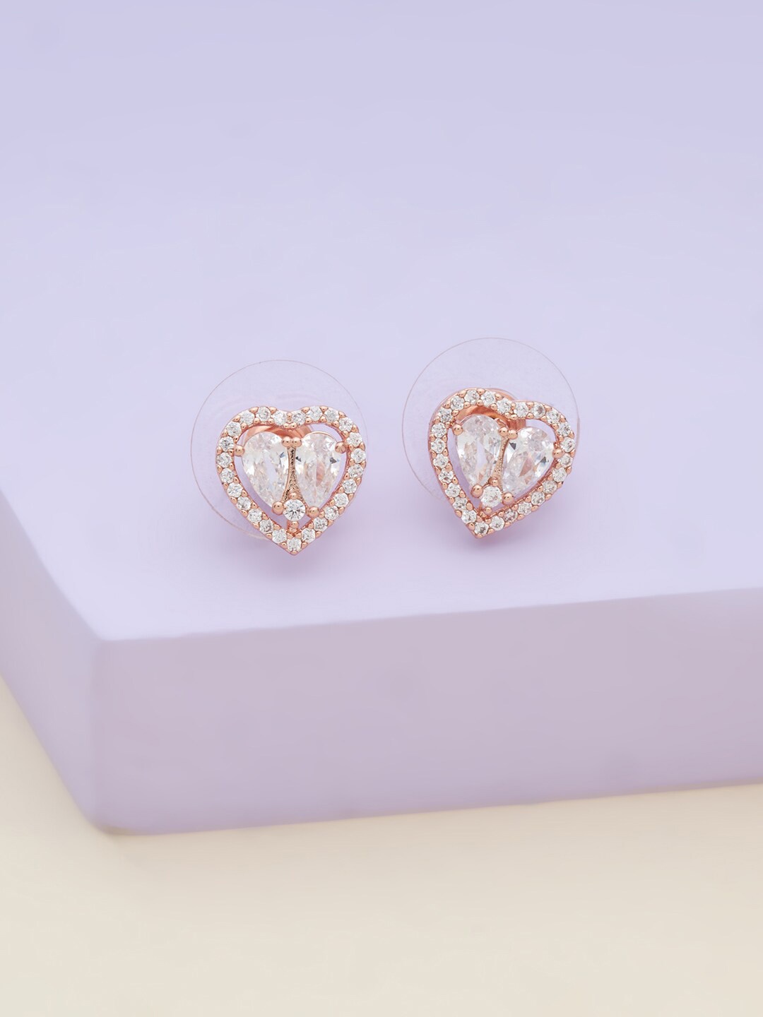 

Kushal's Fashion Jewellery Women Rose-Gold Plated White Heart Shaped Stud Earrings