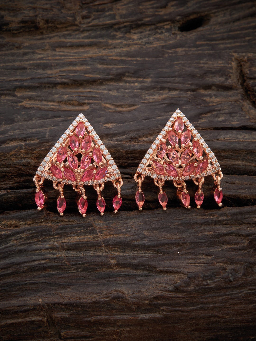 

Kushal's Fashion Jewellery Women Rose-Gold Plated Pink Triangular CZ Drop Earrings