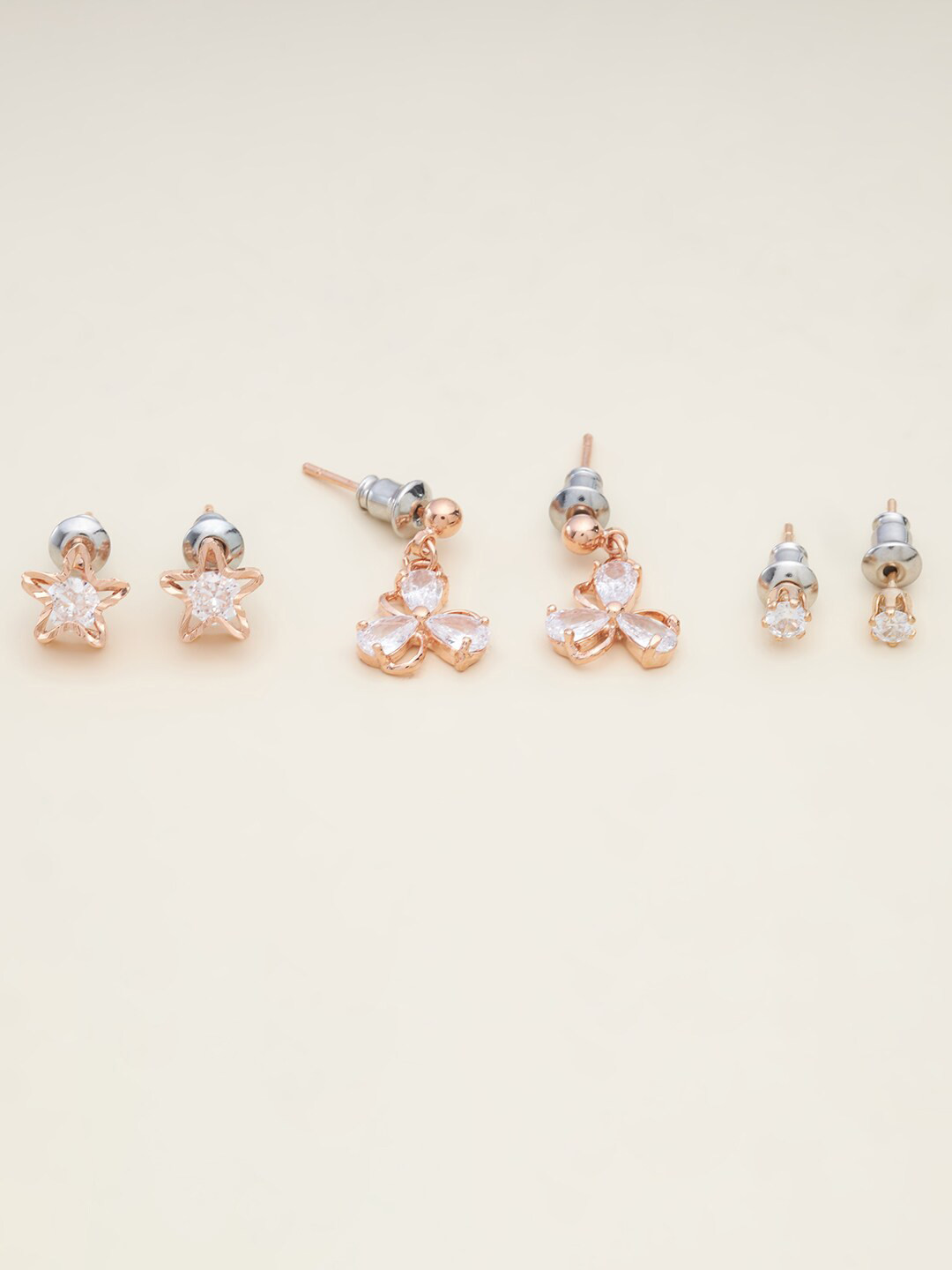 

Kushal's Fashion Jewellery Rose-Gold Plated Pack of 3 White Earring With Zirconia