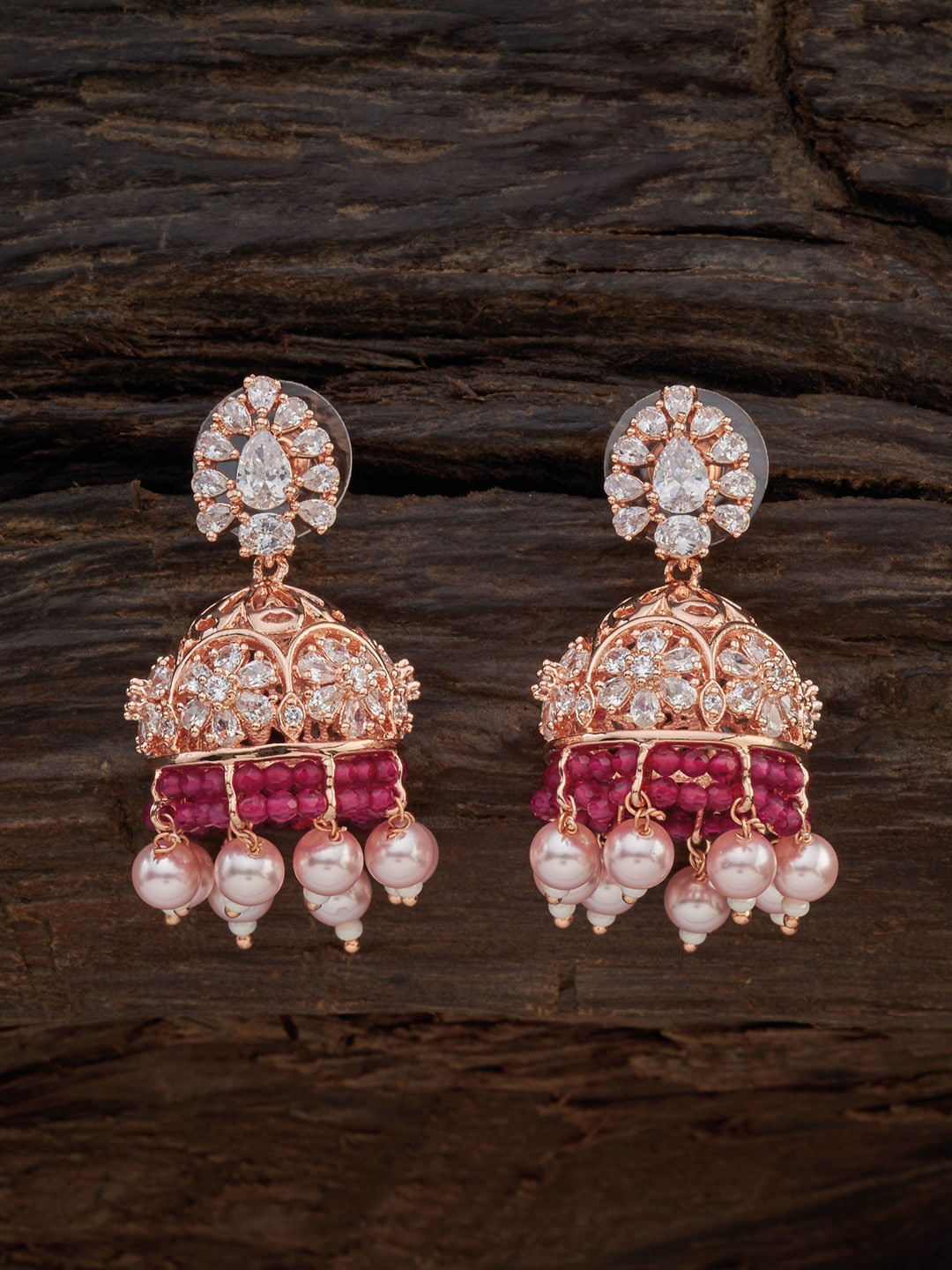 

Kushal's Fashion Jewellery Ruby Pink Floral Jhumkas Earrings with Zirconia & Beads
