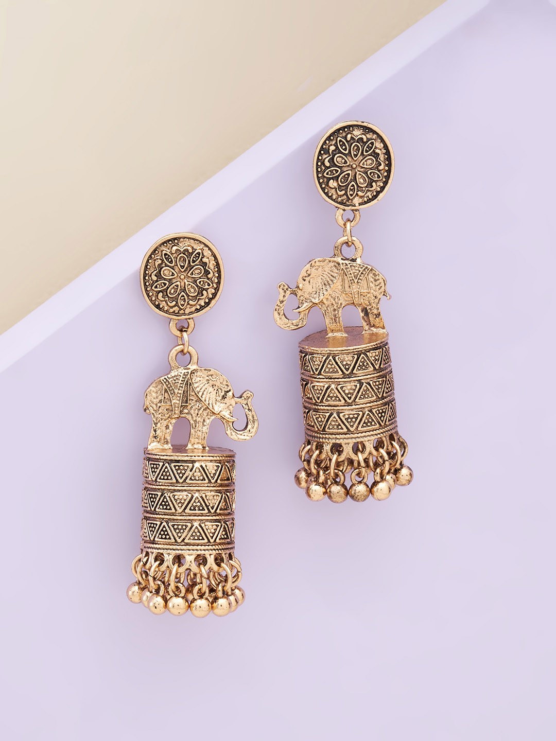 

Kushal's Fashion Jewellery Gold-Toned Oxidised Classic Jhumkas Earrings