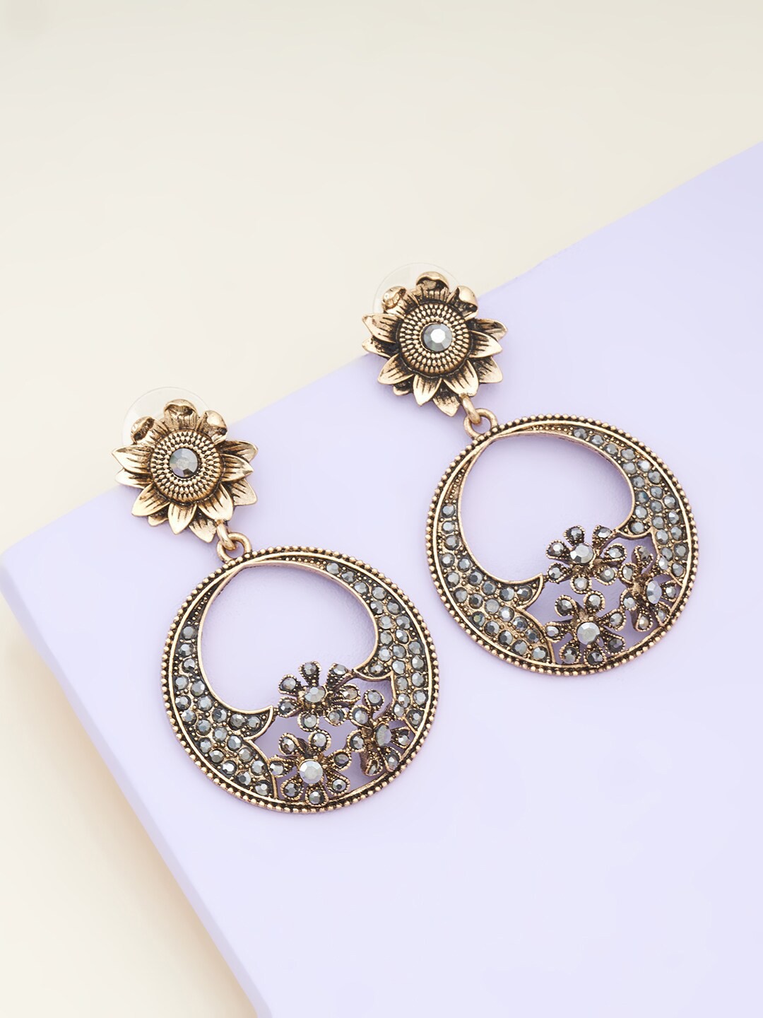 

Kushal's Fashion Jewellery Gold-Toned Oxidised Circular Drop Earrings