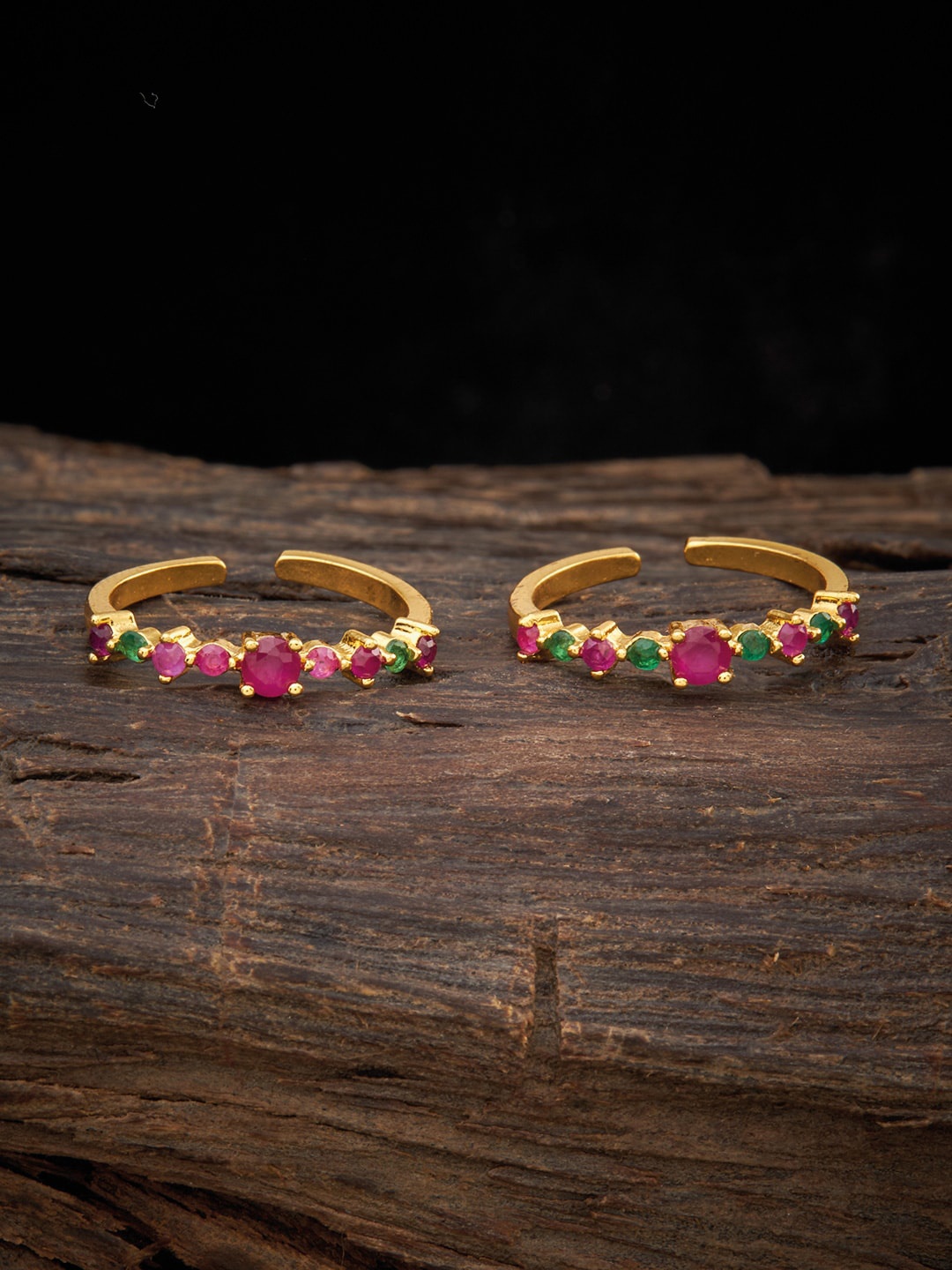 

Kushal's Fashion Jewellery Gold-Plated Ruby & Green CZ-Studded Toe Rings Pair