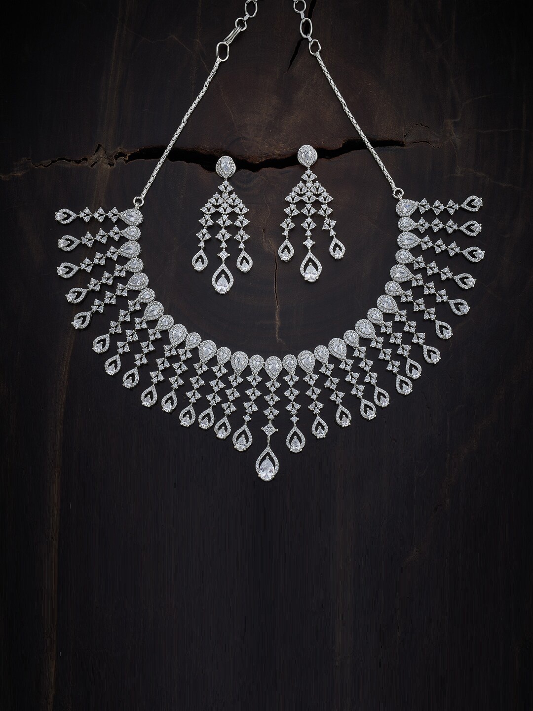 

Kushal's Fashion Jewellery Rhodium-Plated White Silver-Toned CZ-Studded Jewellery Set