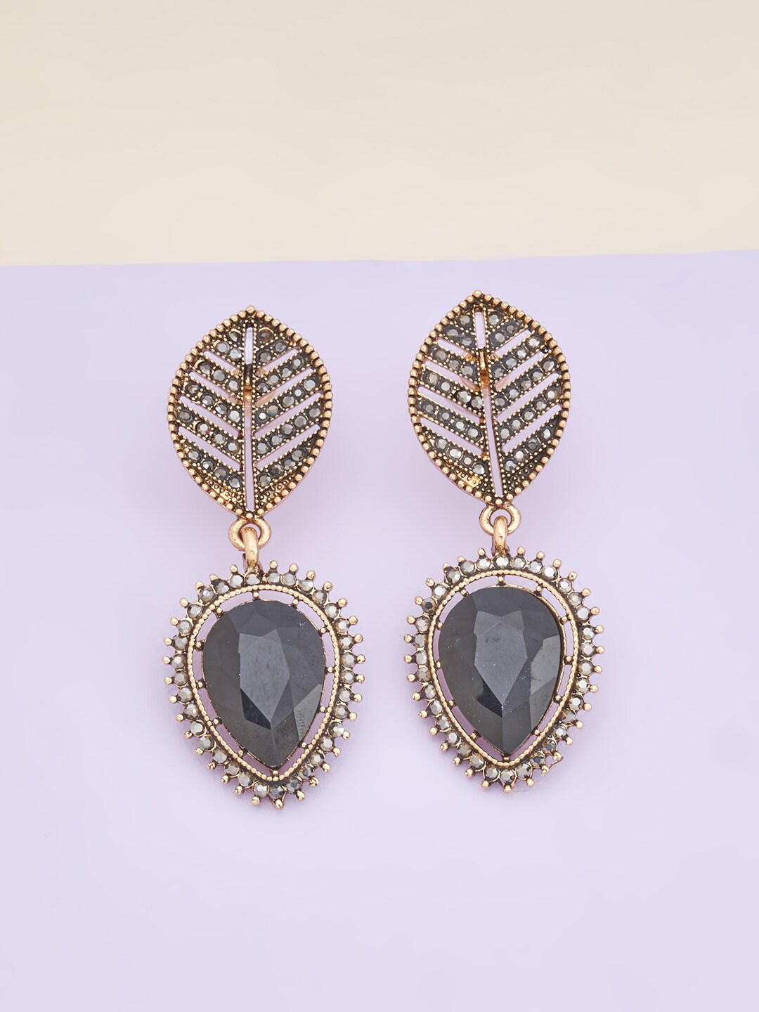 

Kushal's Fashion Jewellery Gold-Toned & Black Leaf Shaped Drop Earrings