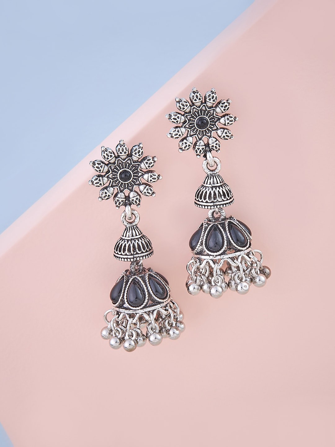 

Kushal's Fashion Jewellery Oxidise Plating Floral Jhumkas Earrings, Black