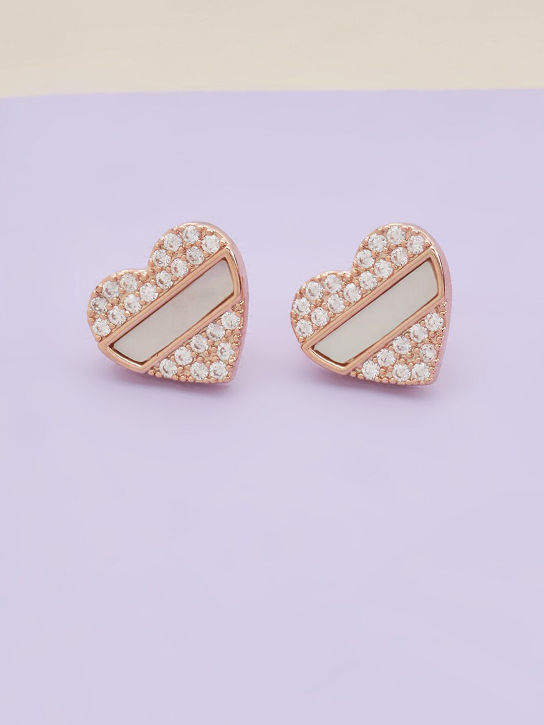 

Kushal's Fashion Jewellery Women Rose-Gold Plated White Heart Shaped Studs Earrings
