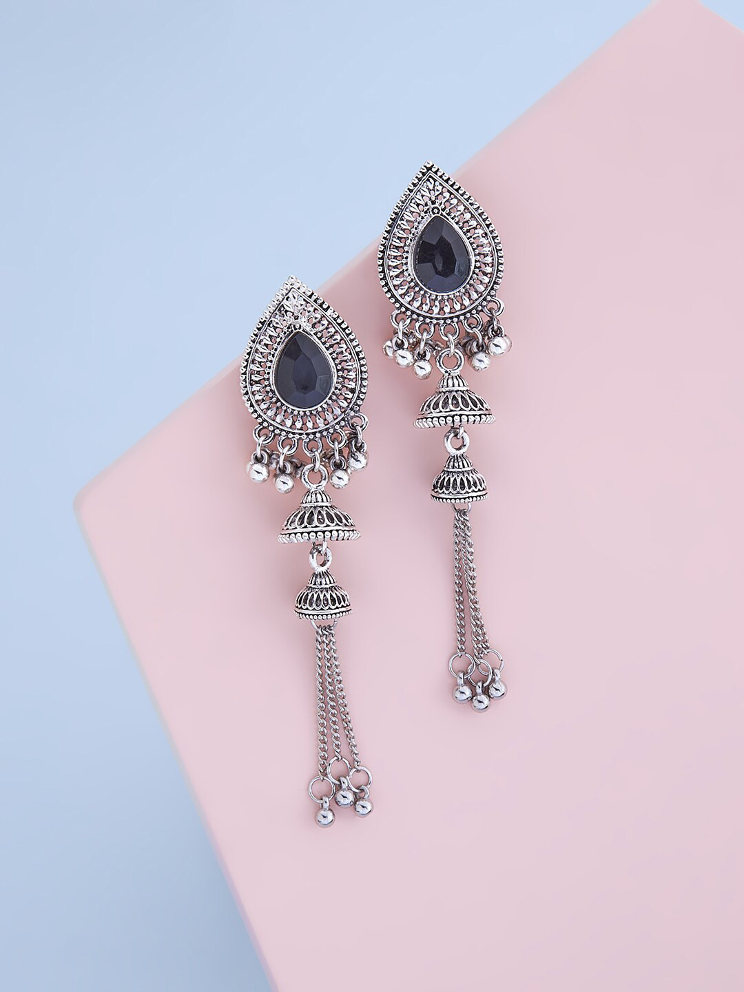 

Kushal's Fashion Jewellery Black Teardrop Shaped Jhumkas Earrings