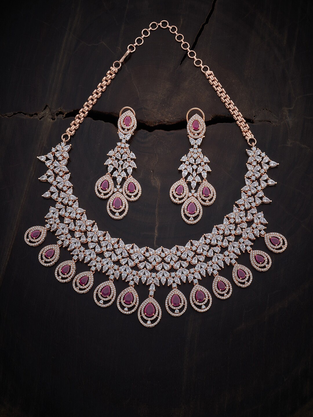 

Kushal's Fashion Jewellery Rose Gold-Plated Red & White CZ Stone-Studded Jewellery Set