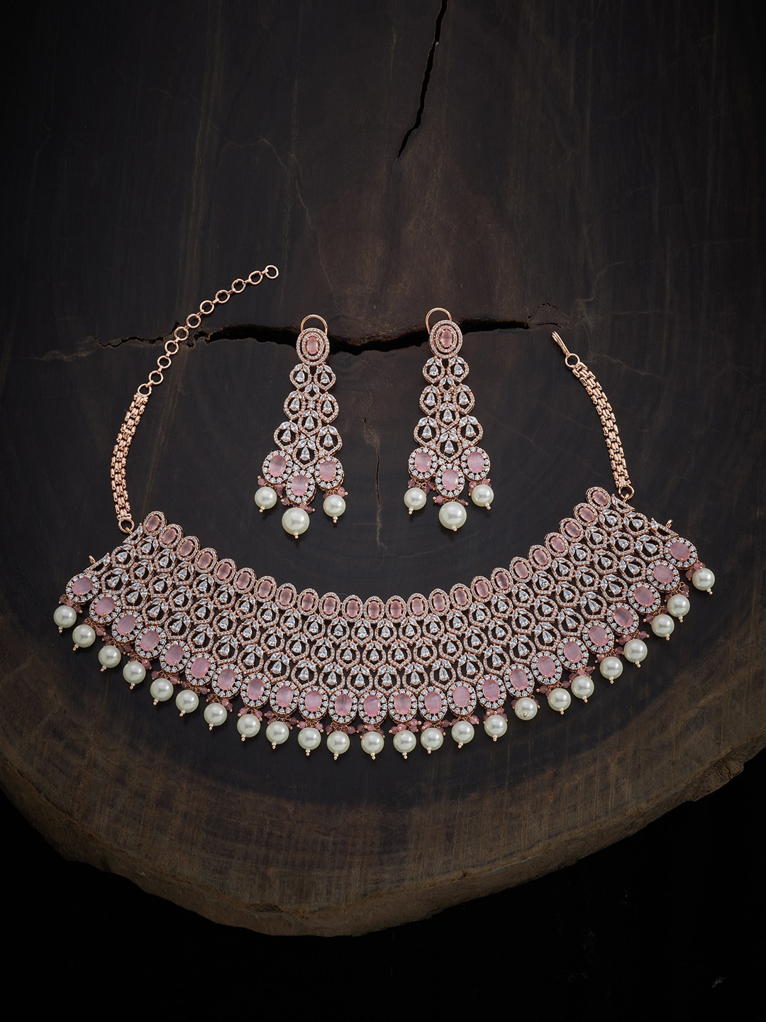 

Kushal's Fashion Jewellery Pink Rose-Gold Plated Necklace Set With Sparkling Cubic Zirconia