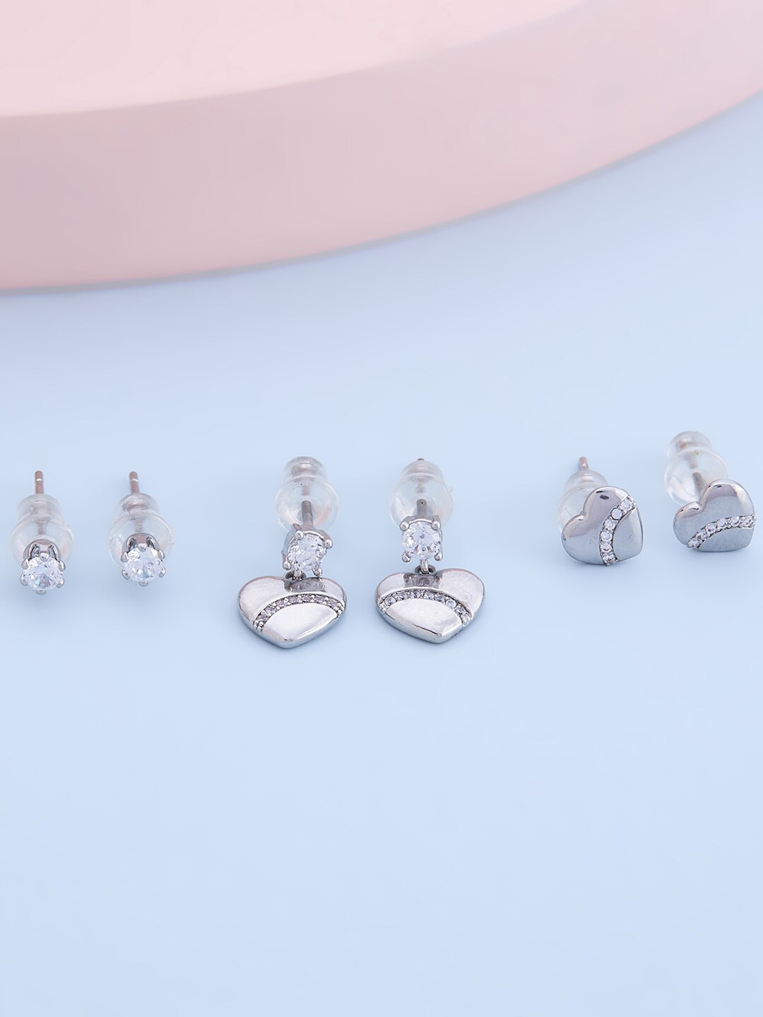 

Kushal's Fashion Jewellery Women Set of 3 White Rhodium PlatedHeart Shaped Studs Earrings