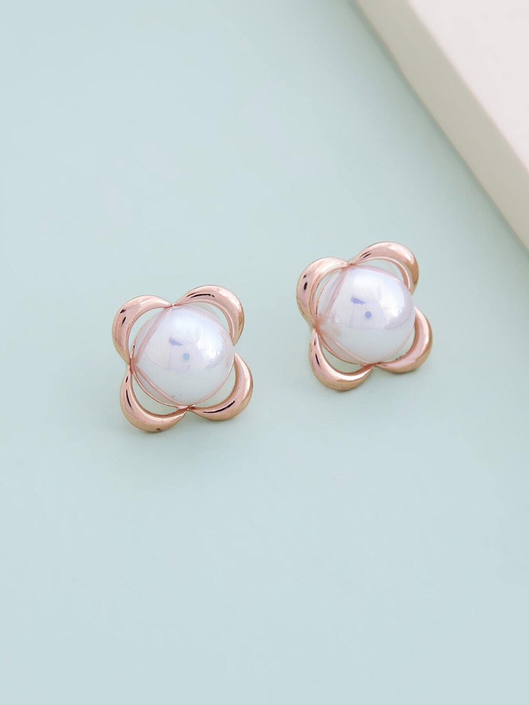 

Kushal's Fashion Jewellery Women White Rose-Gold Plated Floral Studs Earrings