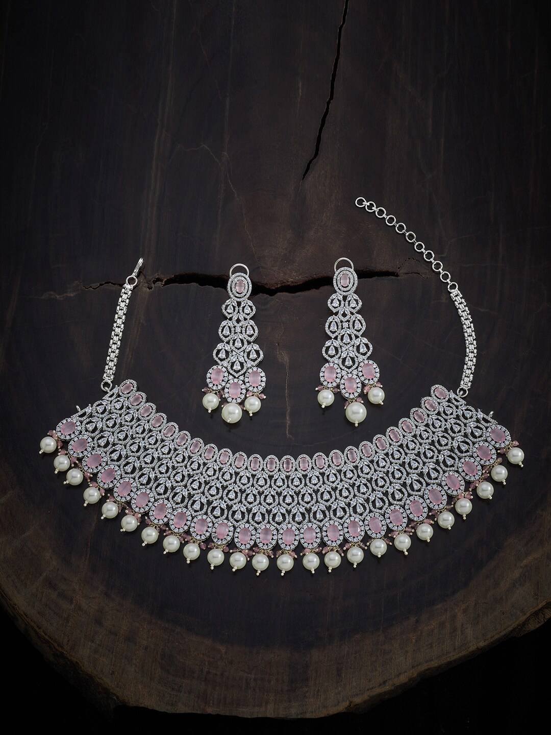 

Kushal's Fashion Jewellery Rhodium-Plated Pink & White CZ-Studded Jewellery Set, Silver