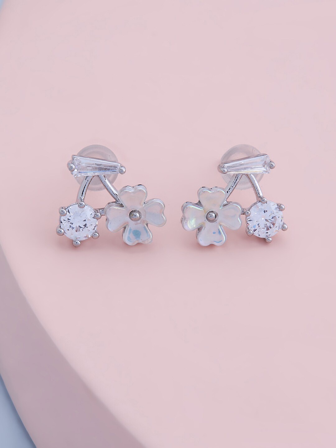 

Kushal's Fashion Jewellery Rhodium Plated & White Stones Floral Studs