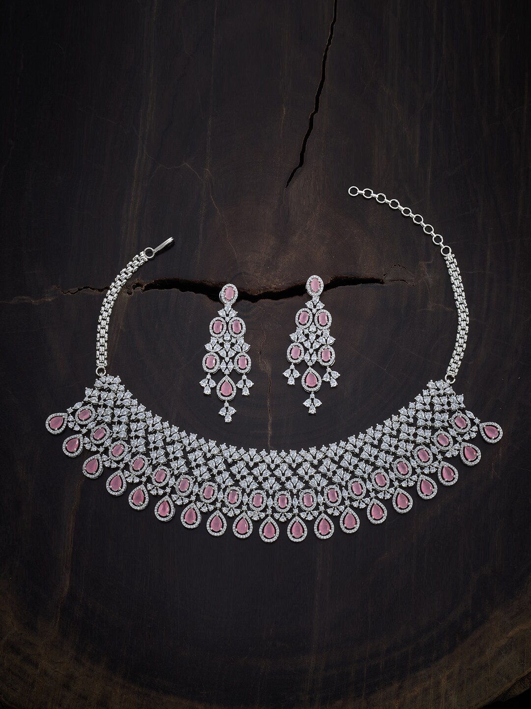 

Kushal's Fashion Jewellery Rhodium-Plated Pink CZ-Studded Jewellery Set