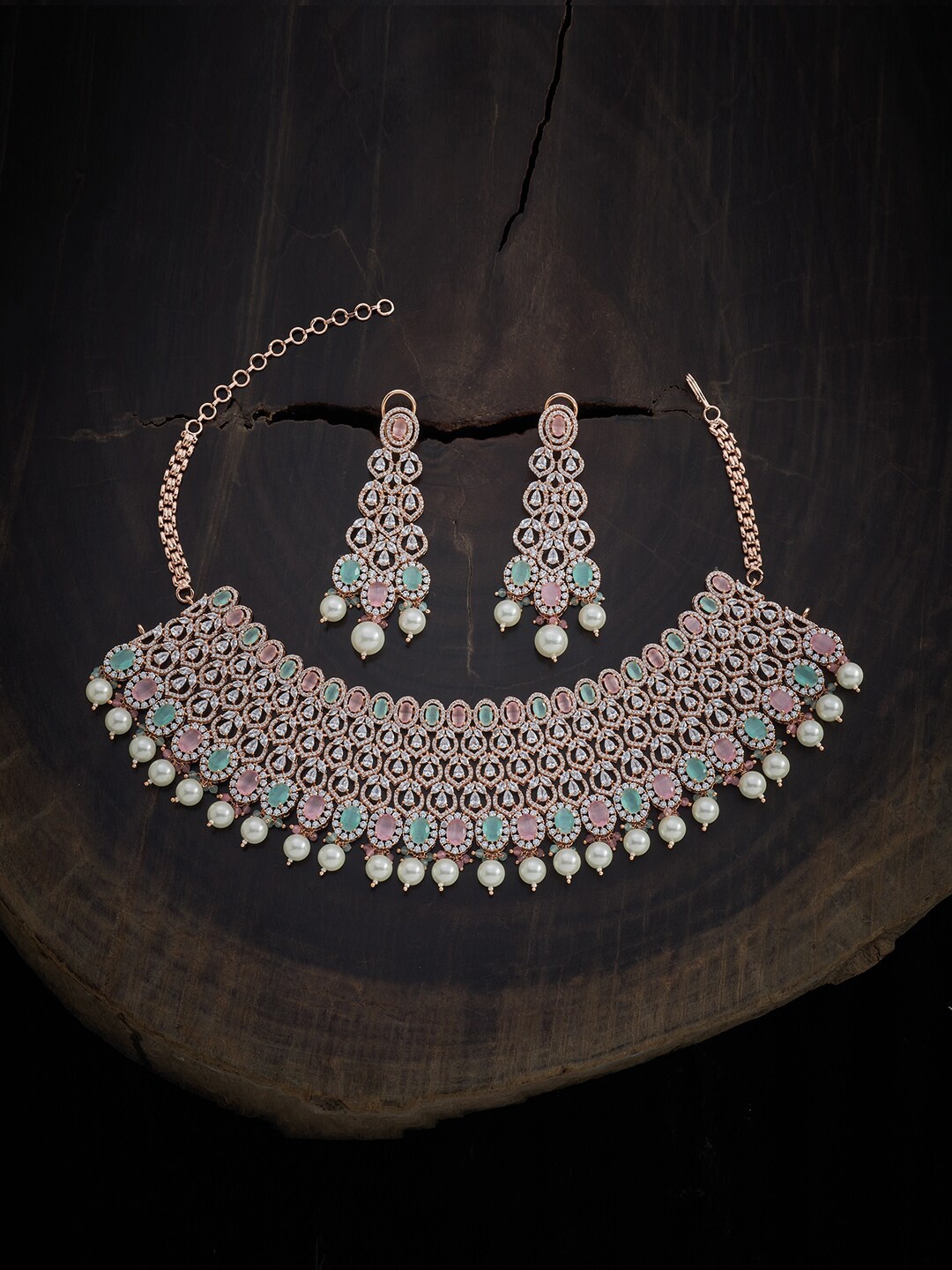 

Kushal's Fashion Jewellery Rose Gold Plated & CZ Stone-Studded Jewellery Set, Pink