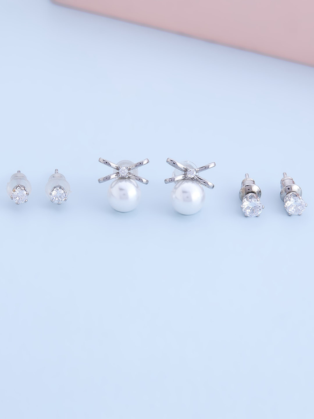 

Kushal's Fashion Jewellery Set of 3 Rhodium Plated & White Cubic Zirconia Studs