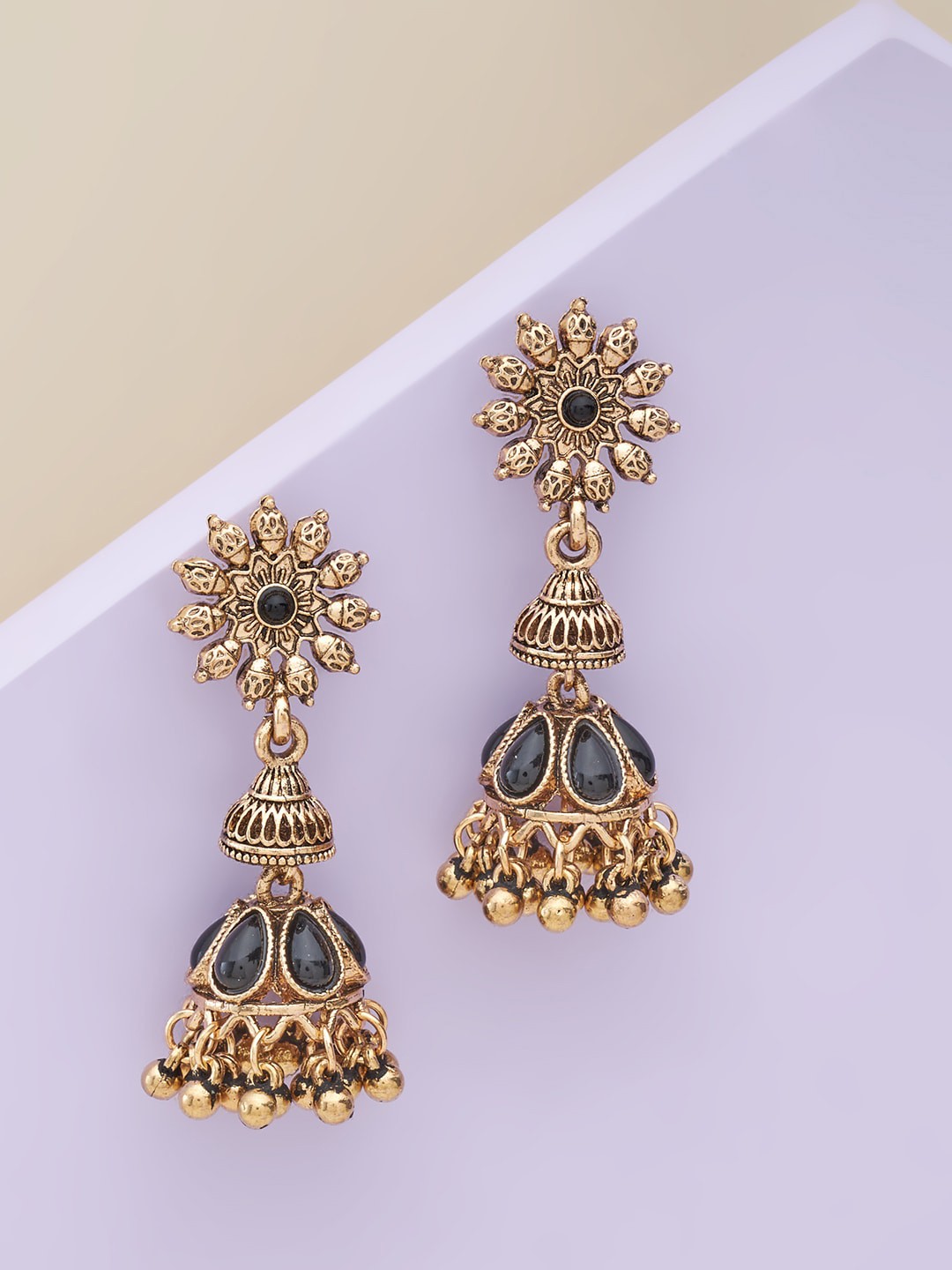 

Kushal's Fashion Jewellery Black Floral Jhumkas Earrings