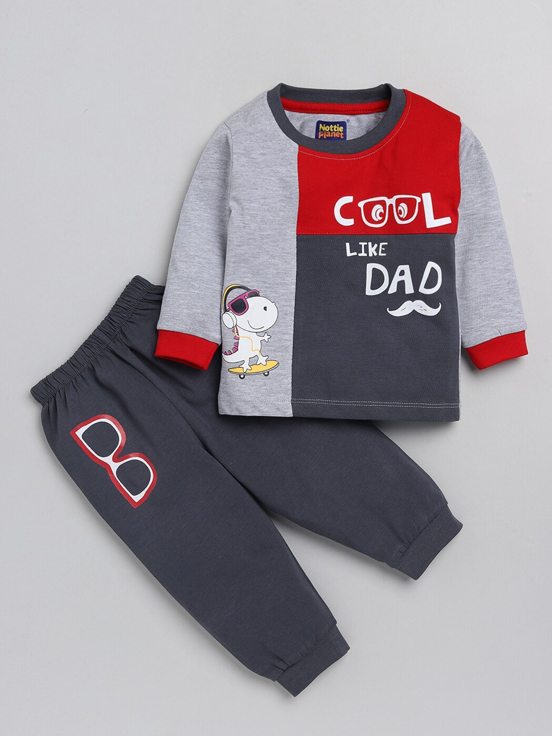 

Nottie Planet Boys Clothing Set Colourblocked Pure Cotton Top With Trousers, Grey