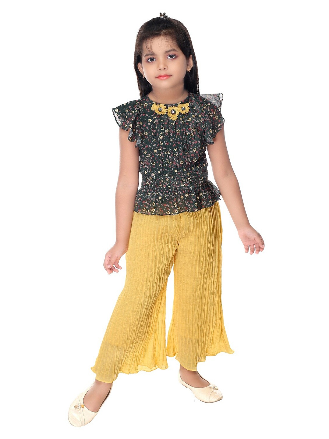 

Nottie Planet Girls Black & Yellow Printed Top with Palazzos
