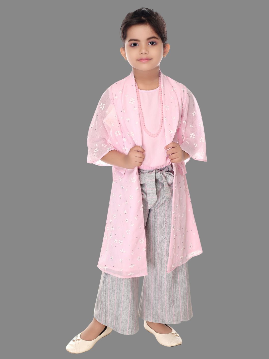 

Nottie Planet Girls Printed Top & Poncho With Palazzos, Pink