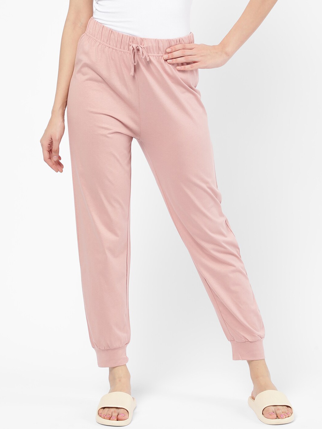

R&B Women Pink Solid Cotton Drawstring Lounge Joggers