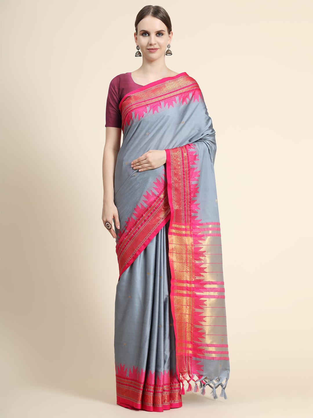 

OFFIRA TEX WORLD Grey & Red Woven Design Zari Silk Cotton Mysore Silk Saree