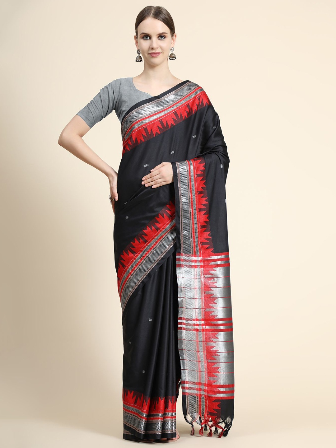 

OFFIRA TEX WORLD Black & Red Woven Design Zari Silk Cotton Mysore Silk Saree