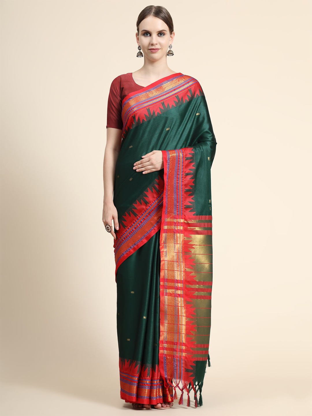 

OFFIRA TEX WORLD Green & Red Woven Design Zari Silk Cotton Mysore Silk Saree