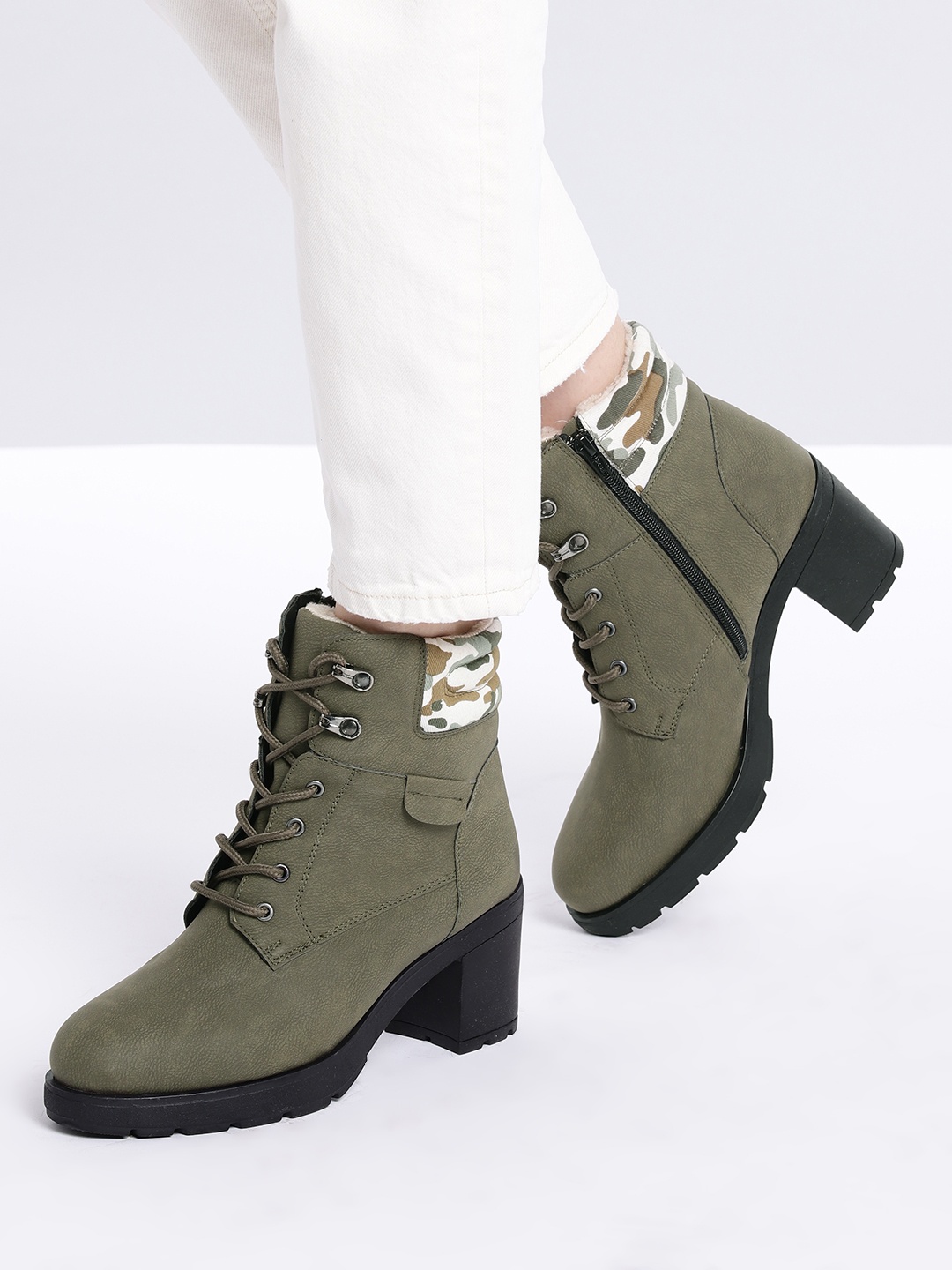 

Roadster Women Olive Green Solid Mid-Top Block heel Regular Boots