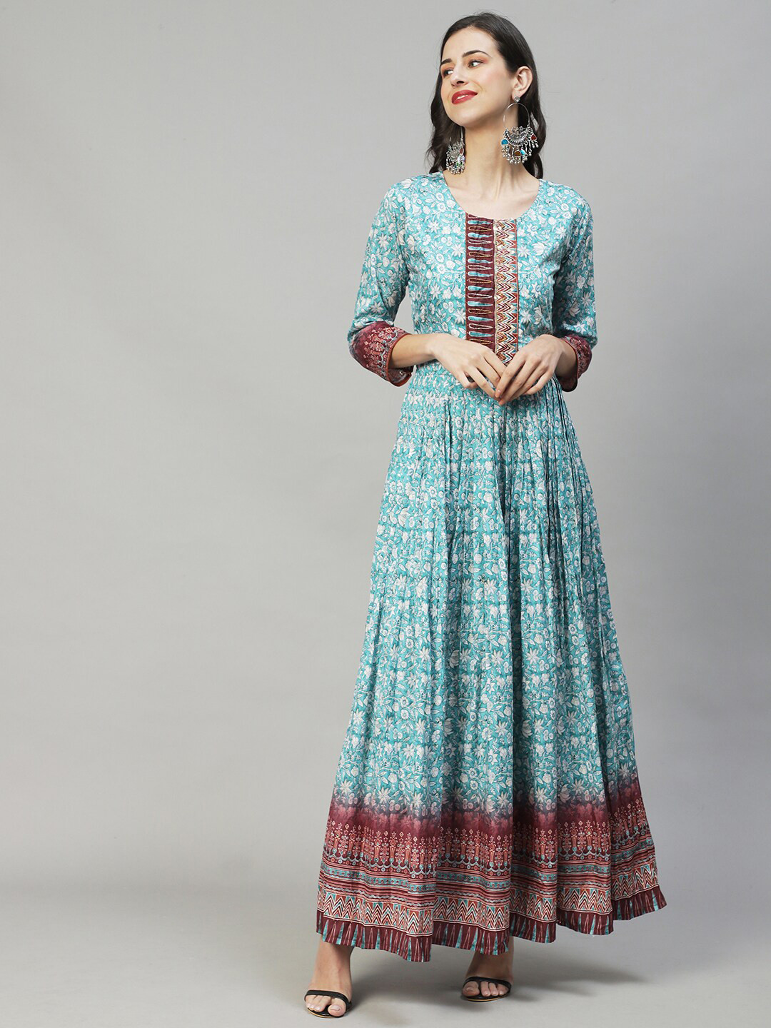 

FASHOR Turquoise Blue & Brown Floral Maxi Maxi Dress