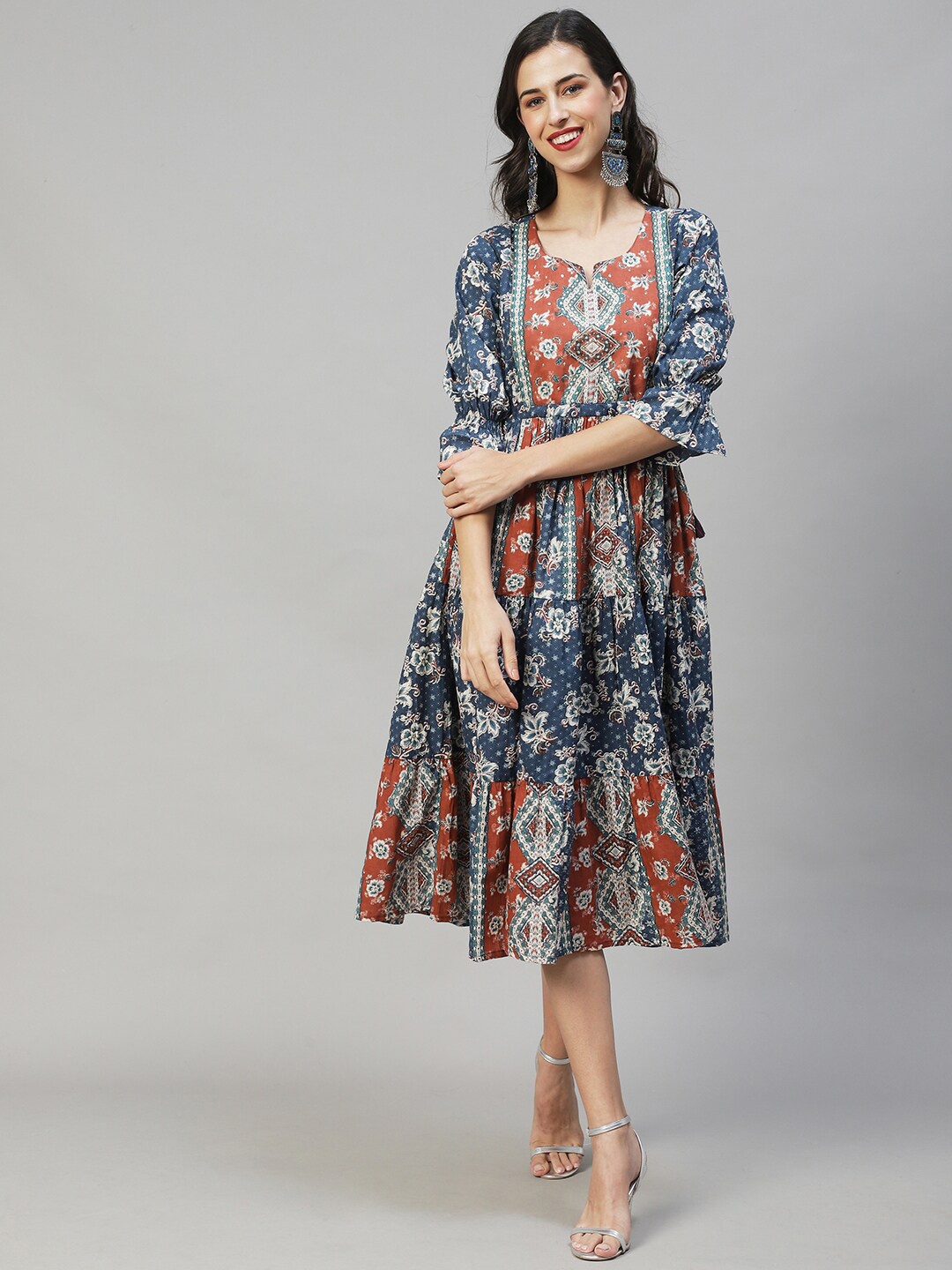 

FASHOR Blue & Red Floral Midi Dress