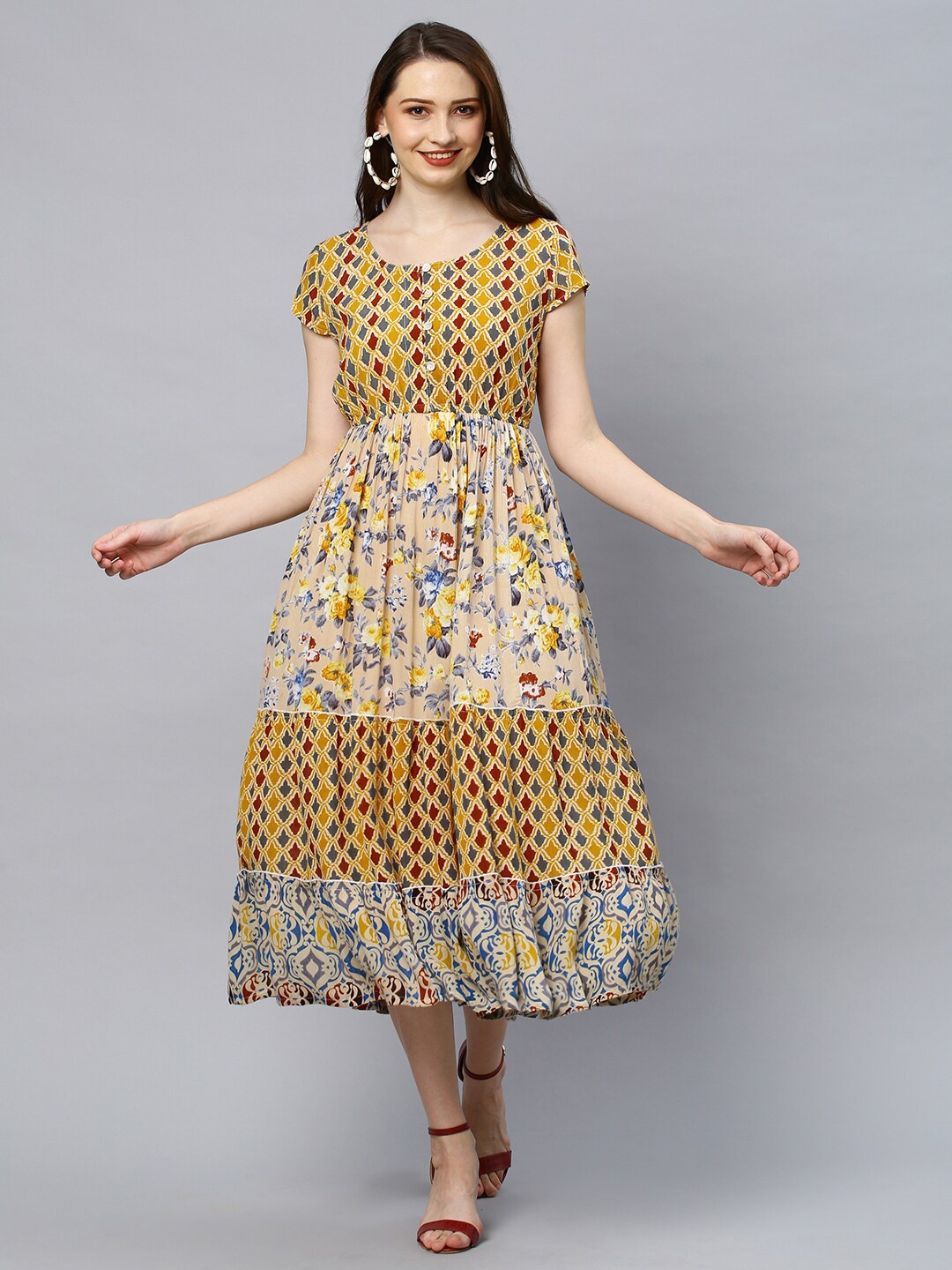 

FASHOR Multicoloured Ethnic Motifs Crepe A-Line Midi Dress, Multi