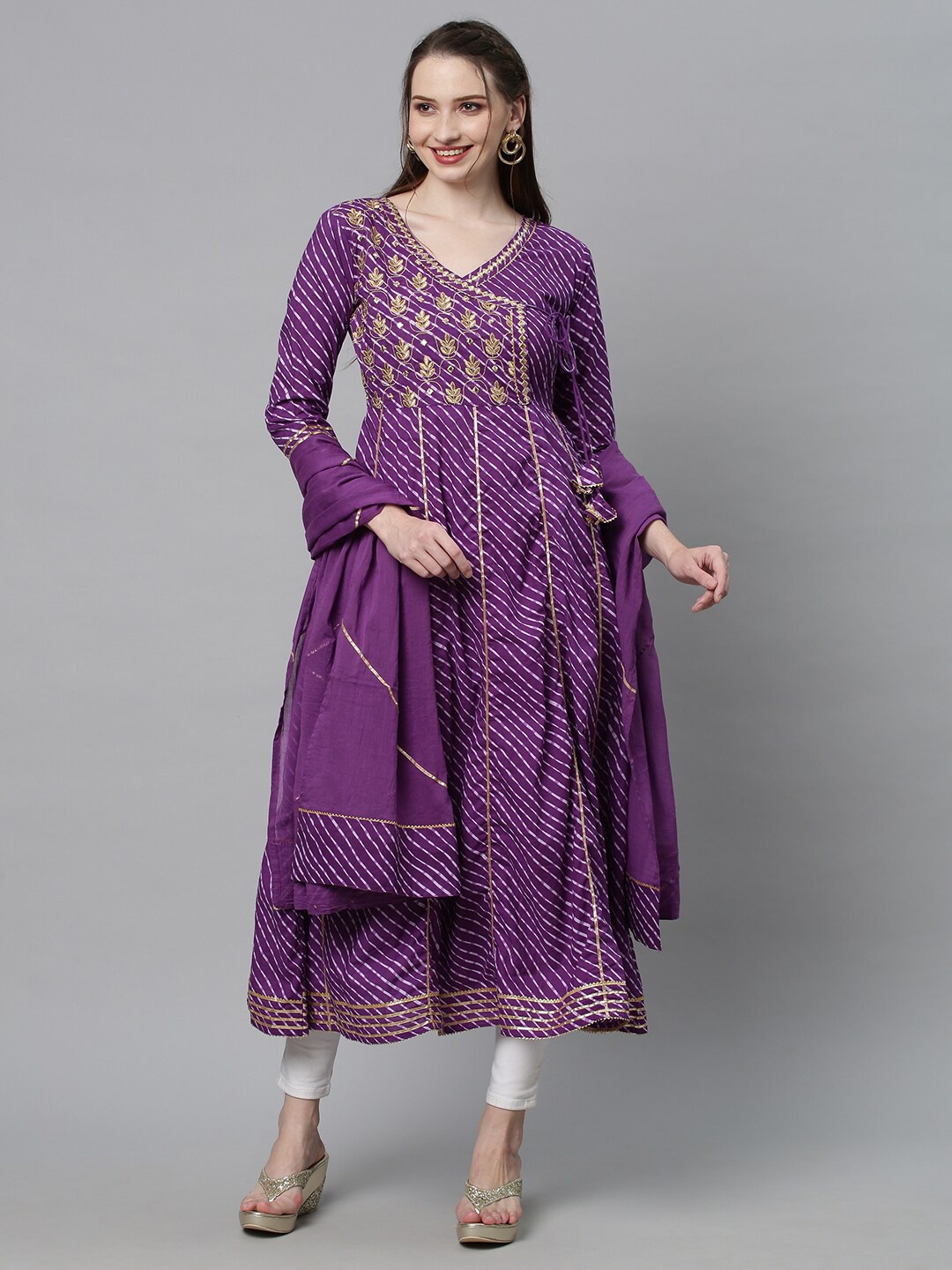 

FASHOR Women Leheriya Printed Angrakha Gotta Patti Kurta with Churidar & With Dupatta, Purple