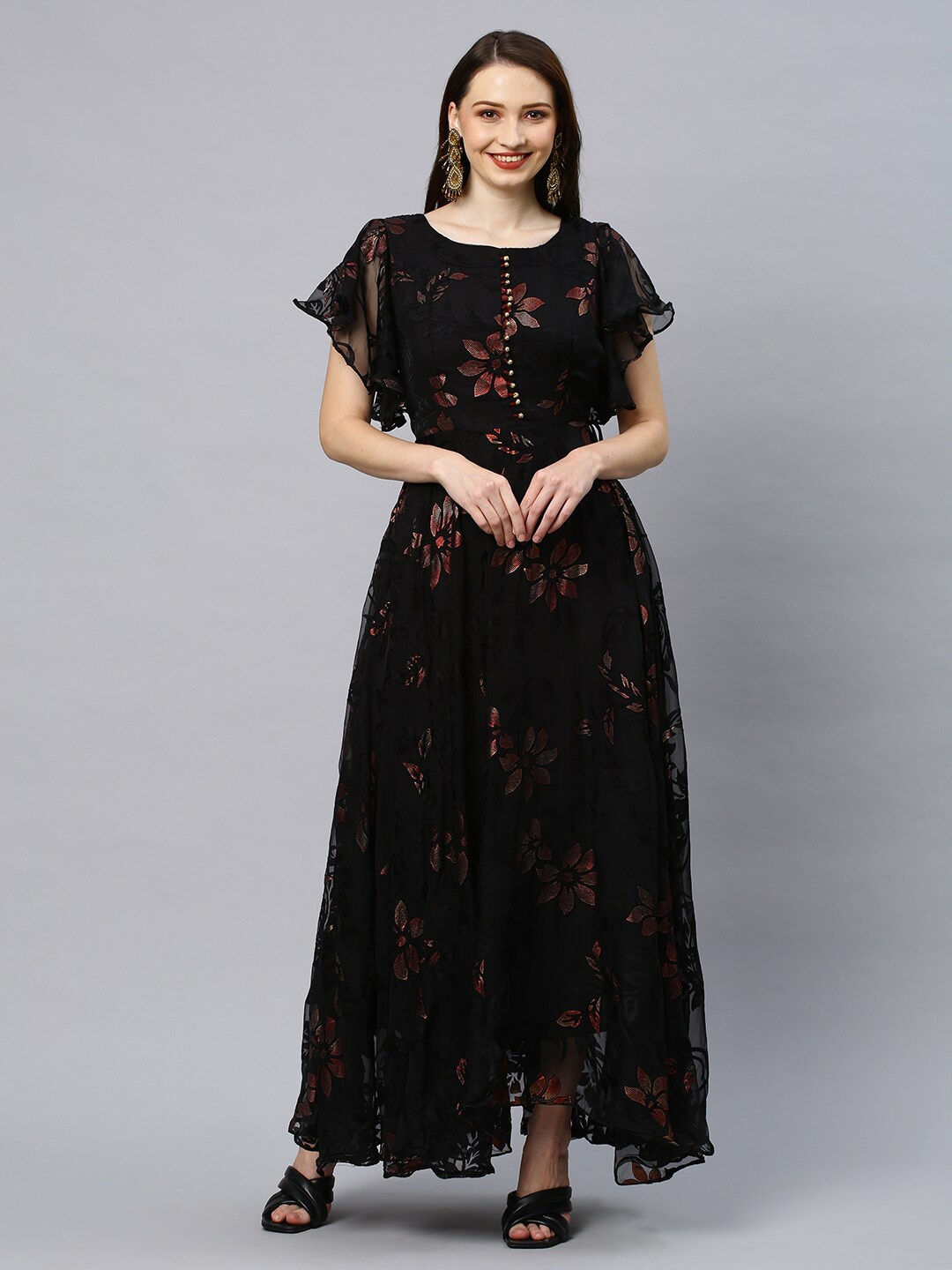 

FASHOR Floral Georgette Maxi Dress, Black