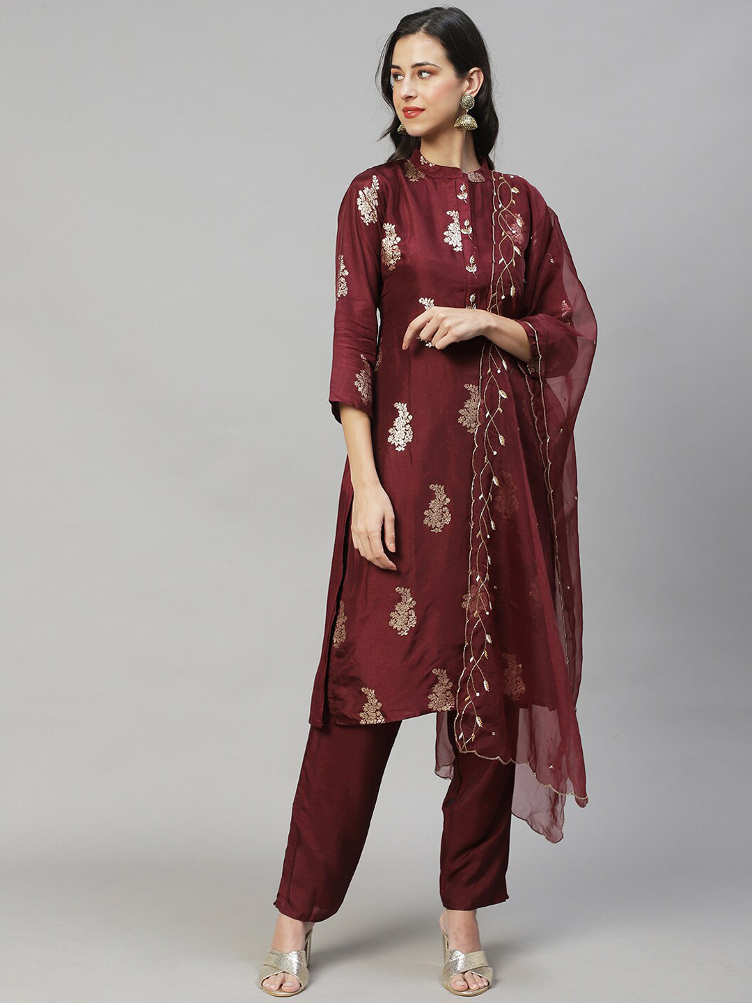 

FASHOR Women Maroon Floral Embroidered Sequinned Kurta with Trousers & With Dupatta
