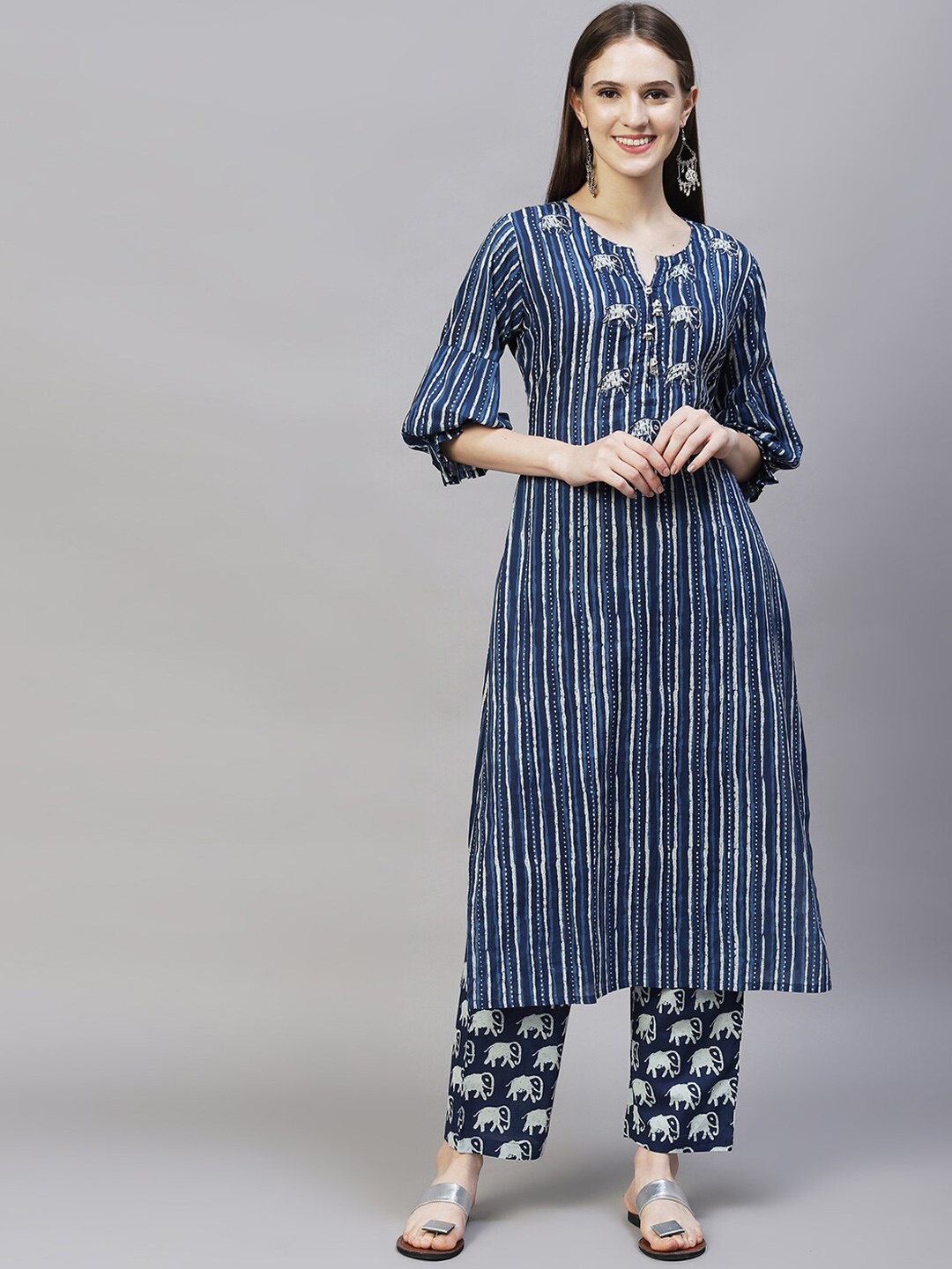 

FASHOR Women Blue Ethnic Motifs Printed Sequinned Pure Cotton Kurta with Trousers