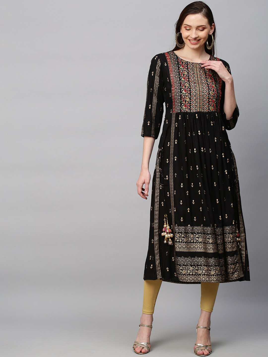 

FASHOR Women Black Ethnic Motifs Printed Keyhole Neck Flared Sleeves Anarkali Kurta