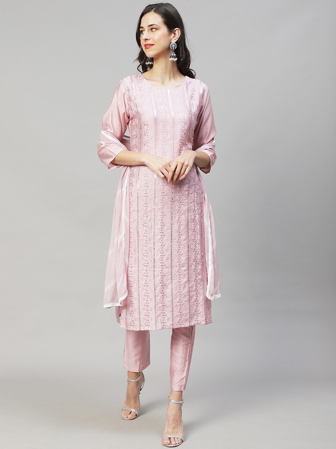 

FASHOR Women Pink Floral Embroidered Sequinned Kurta with Trousers & With Dupatta
