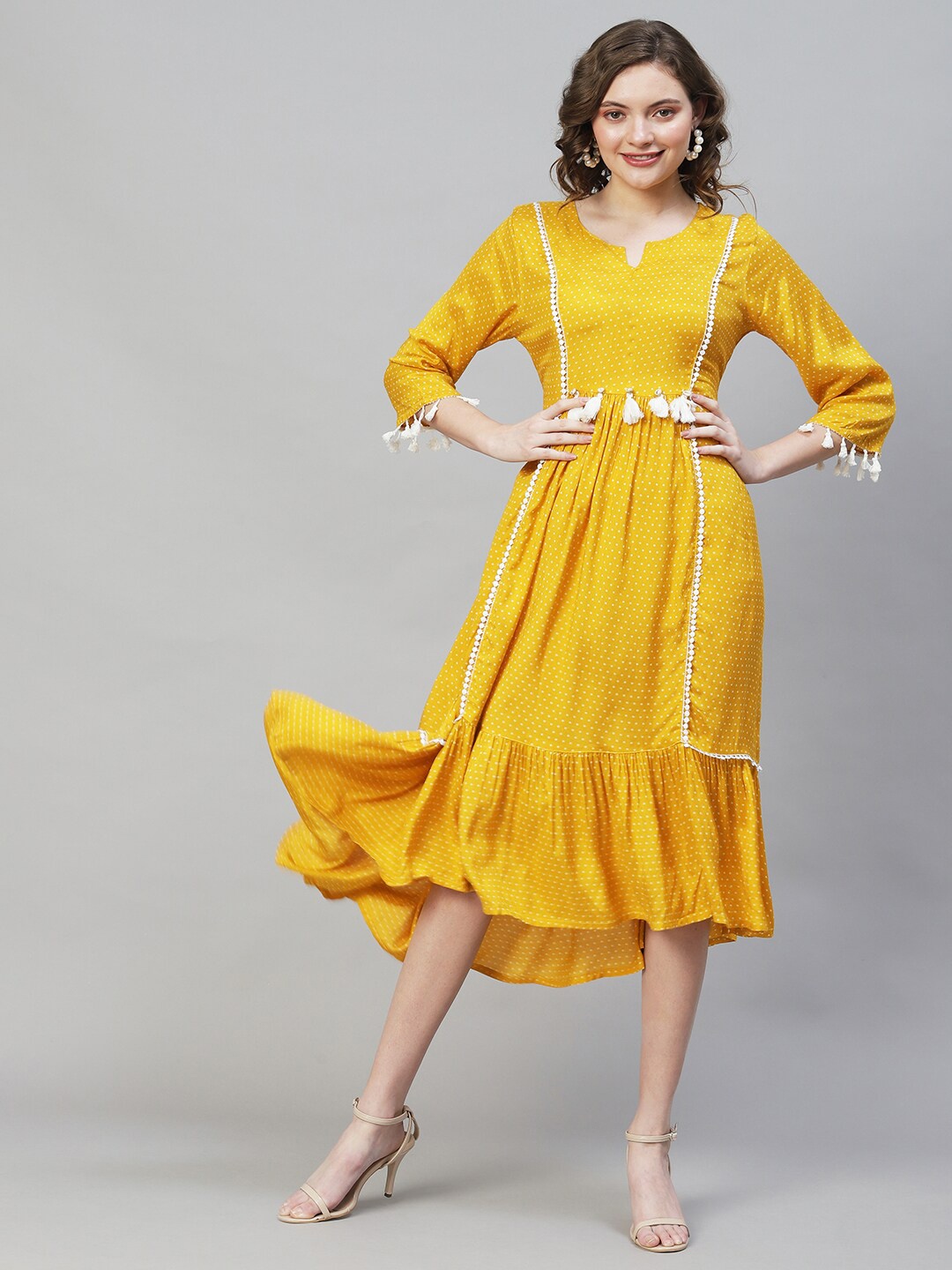 

FASHOR Women Mustard Yellow Printed Pure Cotton Midi Dress