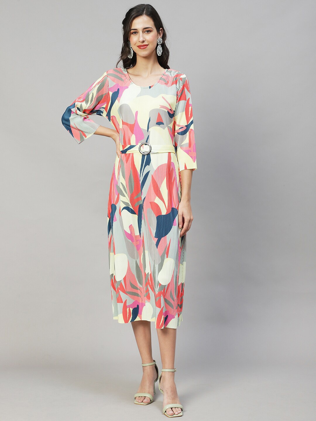 

FASHOR Women Peach-Coloured & Red A-Line Midi Dress