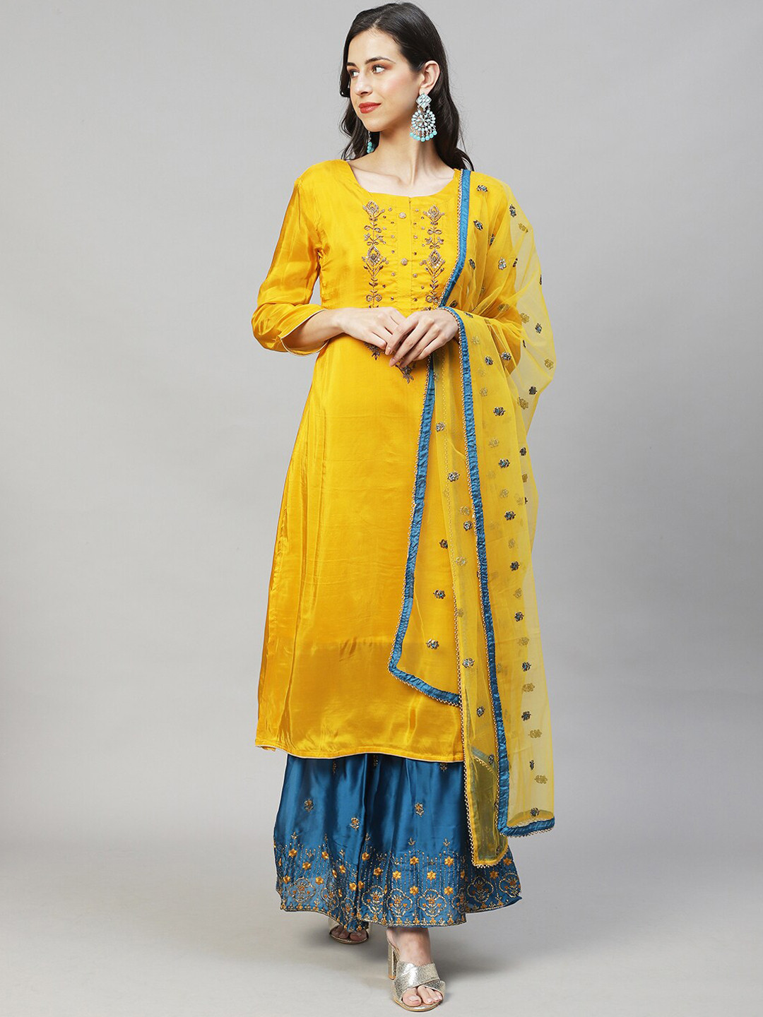 

FASHOR Women Yellow Embroidered Beads and Stones Kurta with Palazzo & With Dupatta