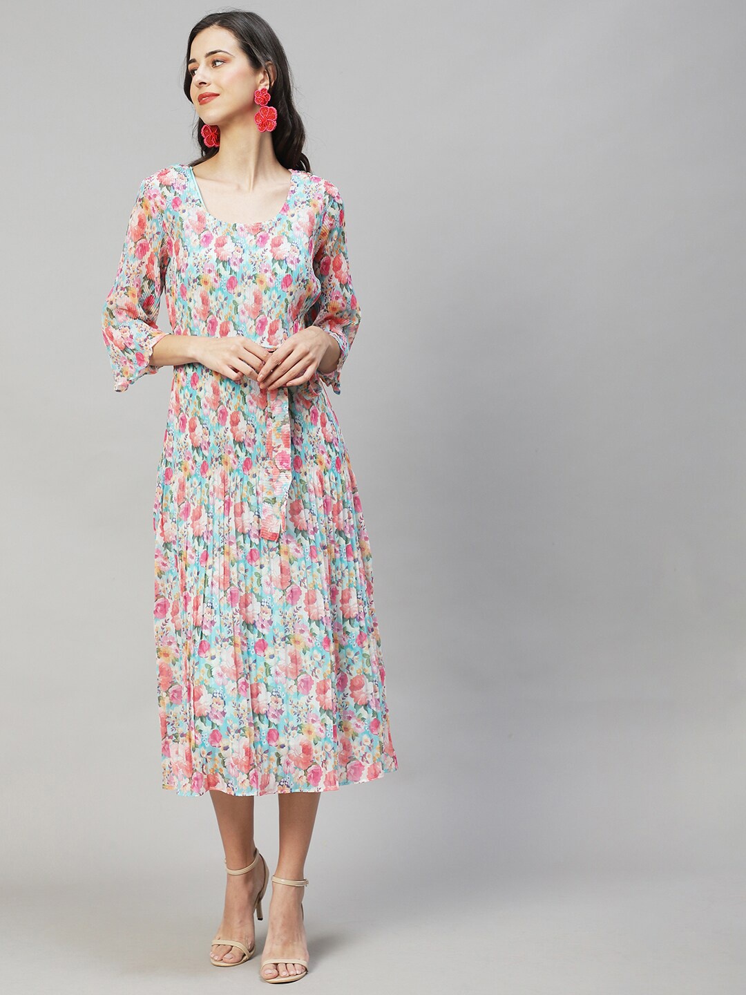

FASHOR Blue & Pink Floral Georgette A-Line Midi Dress With Belt