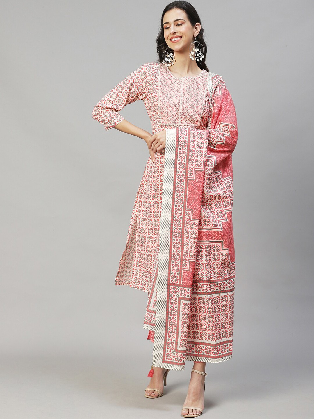 

FASHOR Women Pink Ethnic Motifs Printed Sequinned Pure Cotton Kurta with Trousers & With Dupatta