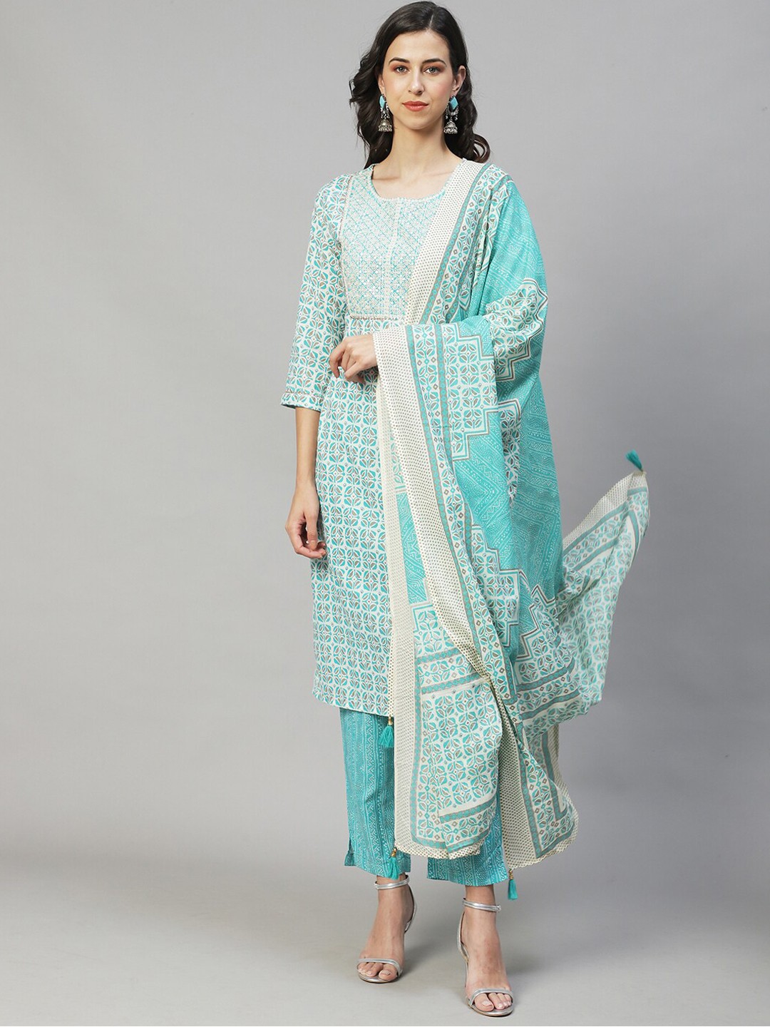 

FASHOR Women Turquoise Blue Ethnic Motifs Printed Thread Work Pure Cotton Kurta with Trousers & With Dupatta