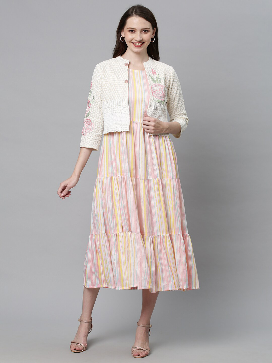 

FASHOR Peach-Coloured & Yellow Striped Pure Cotton A-Line Midi Dress