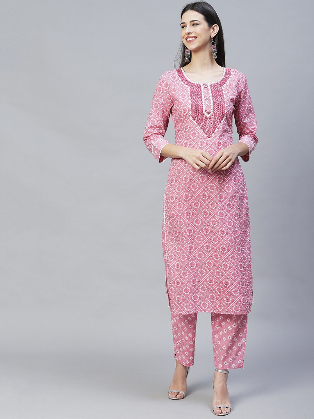 

FASHOR Women Pink Bandhani Printed Mirror Work Pure Cotton Kurta with Trouser