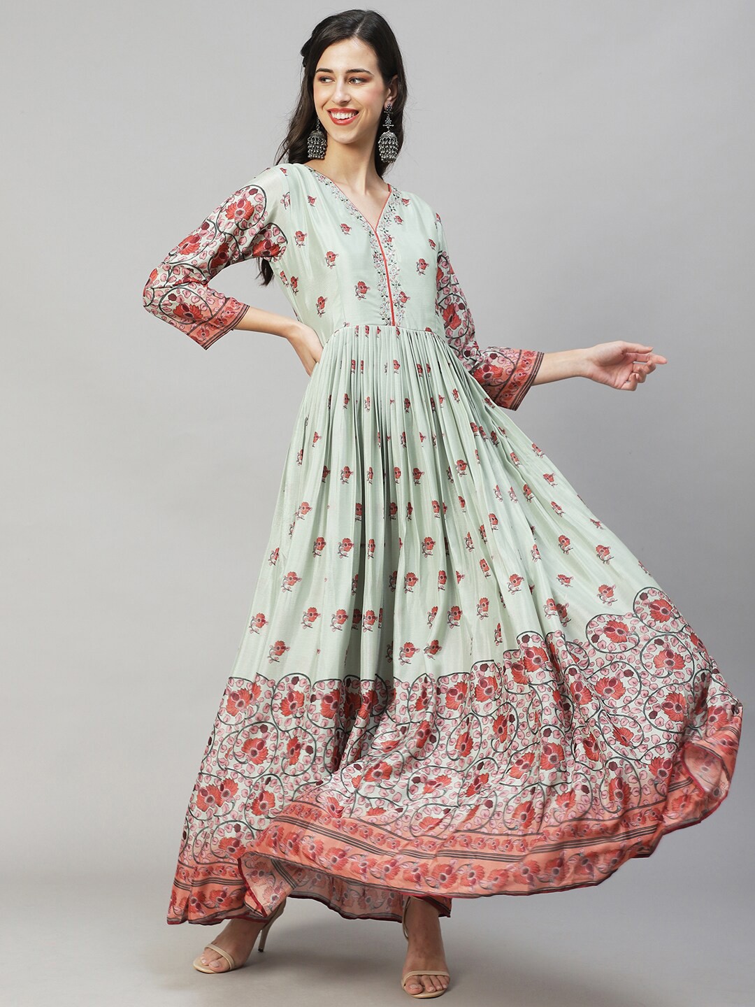 

FASHOR Women Green Floral Chiffon Maxi Dress