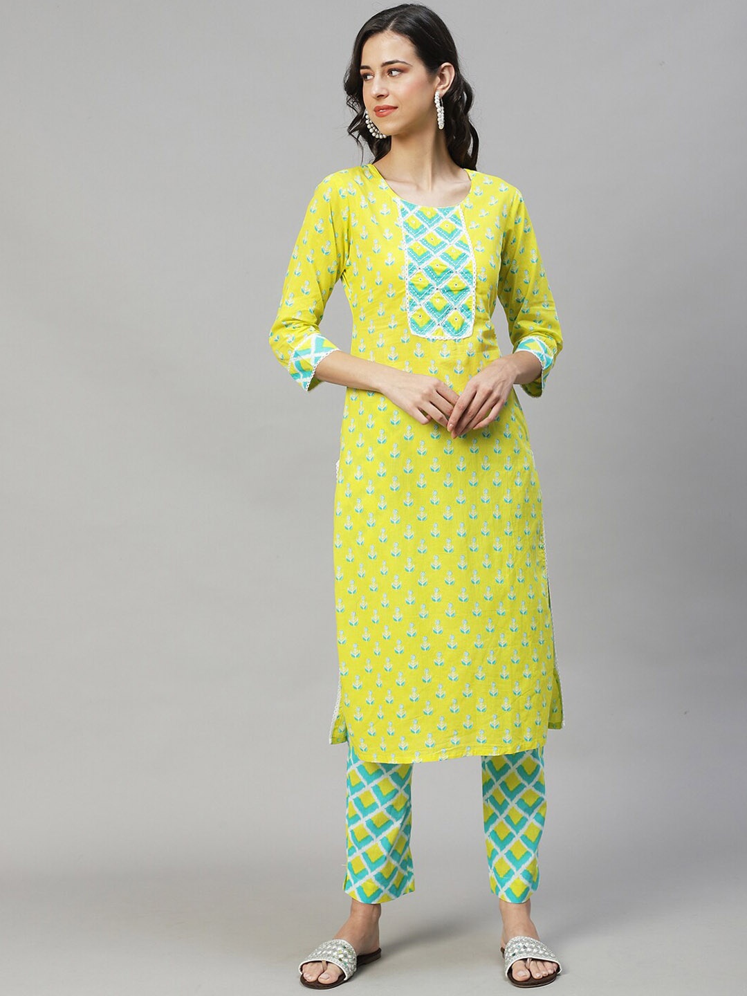 

FASHOR Women Yellow Ethnic Motifs Printed Pure Cotton Kurta with Trousers