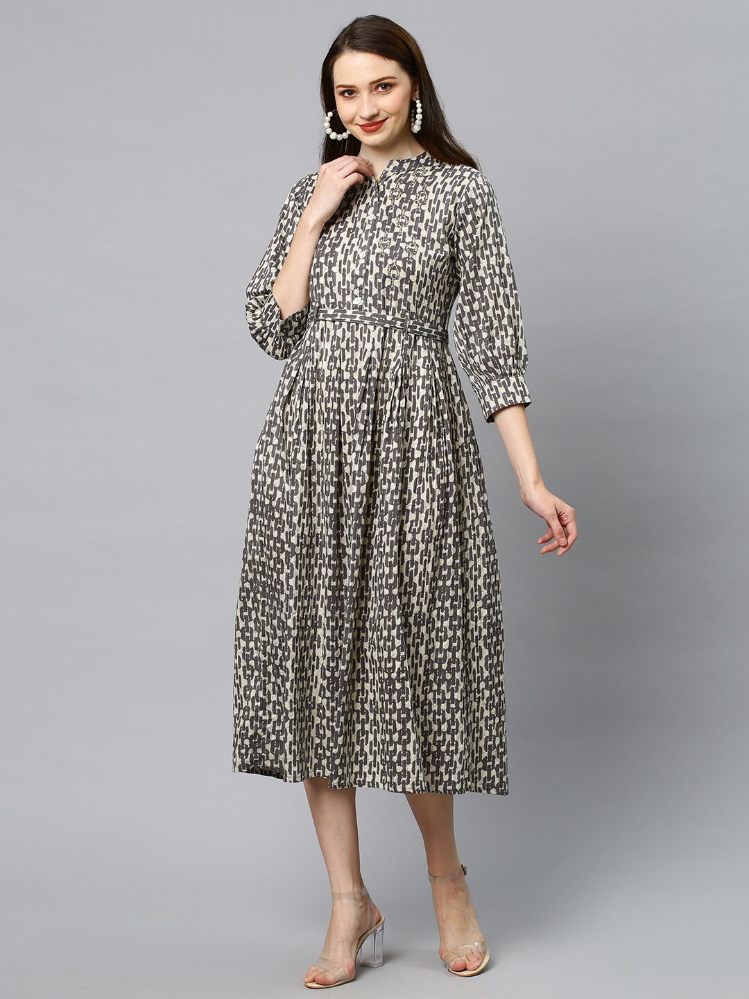

FASHOR Grey Printed Pure Cotton A-Line Midi Dress